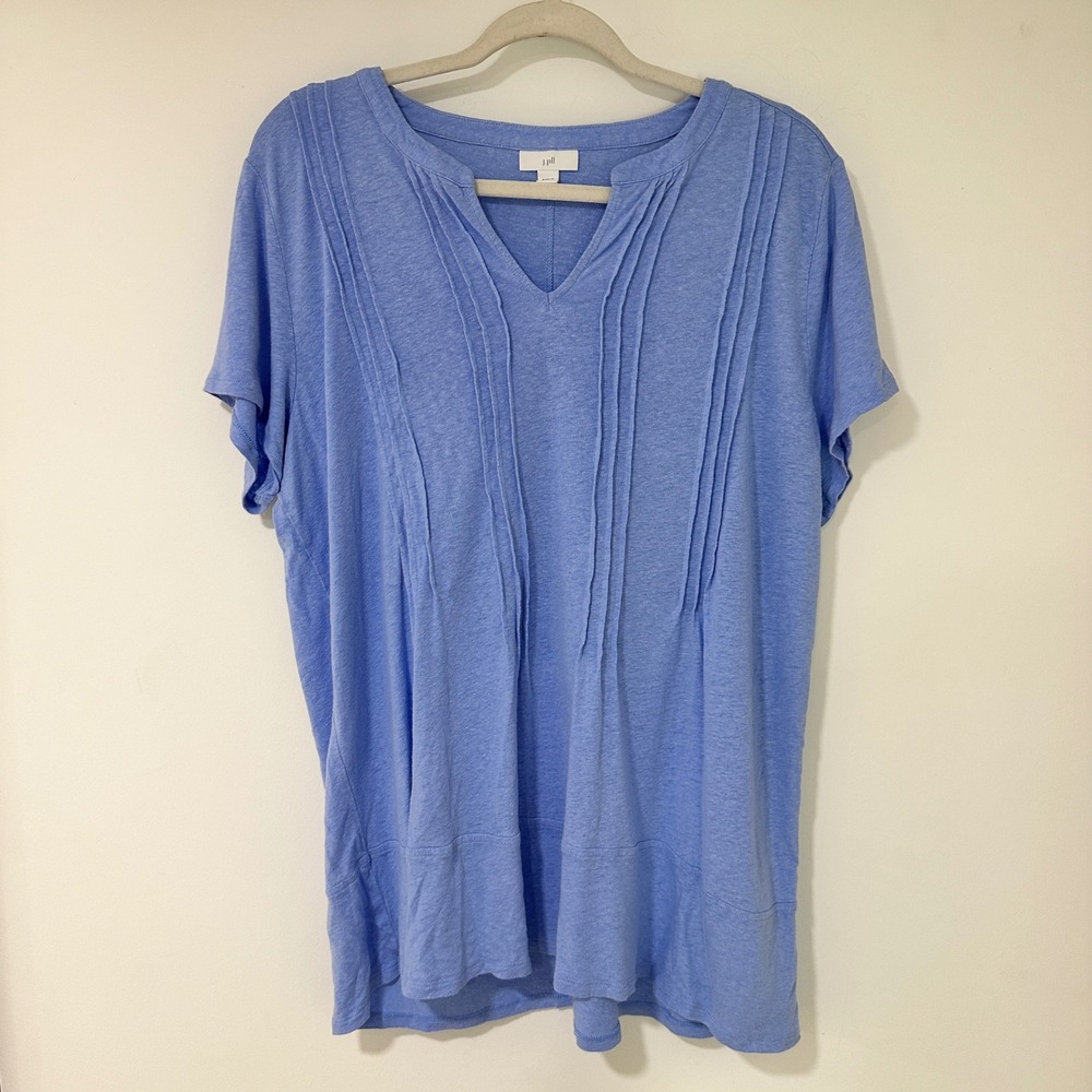 J. Jill Top Pintuck Pleat V-Neck Women XL Blue Linen Viscose Short Sleeve Casual
